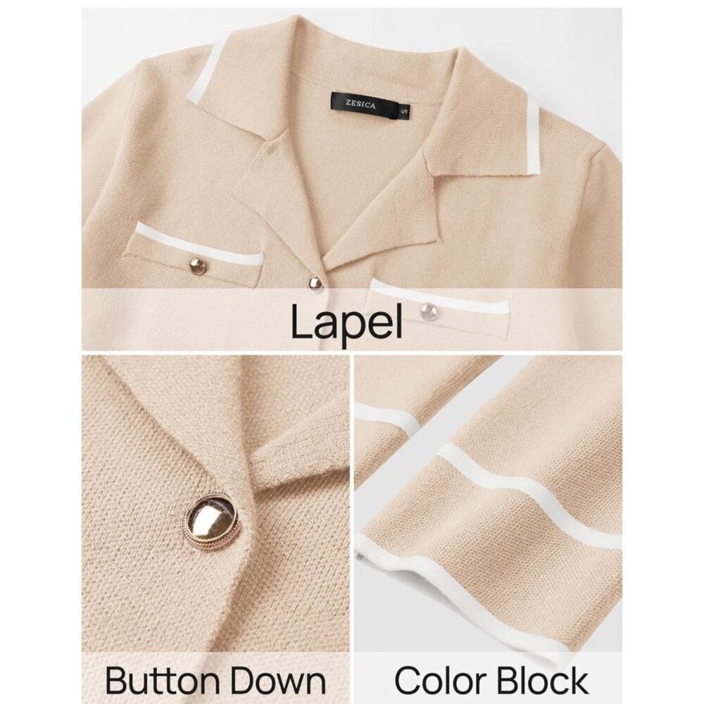 Zesica Womens Beige Knit Pant Set With Button-Down Lapel Top & Wide Leg Pants Co - Picture 3 of 4